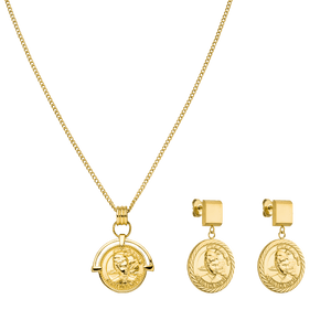 Goldene Kette und Ohrringe mit Münzdesign von PURELEI, elegant und feminin.