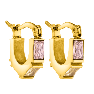 Goldene Creolen mit rosa Steinen, elegant und feminin – PURELEI Schmuck.