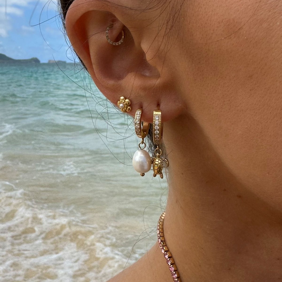 PURELEI Orecchini Malahi Oro Rosa Per Donna - Acciaio Inossidabile Con Perle Keshi E Zirconi, 13mm, Gioielli Hawaii